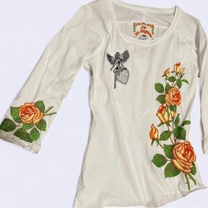 Johnny Was Cream Long Sleeve Tee with Orange Floral Embroidery ❤️